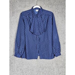 Vintage Terry Chicago Blouse Top Womens Size 16 Blue Geometric Diamond Button Up
